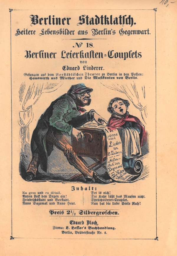 titelblatt des berliner stadtklatschs nr. 18 mit leierkastenspieler und sänger
