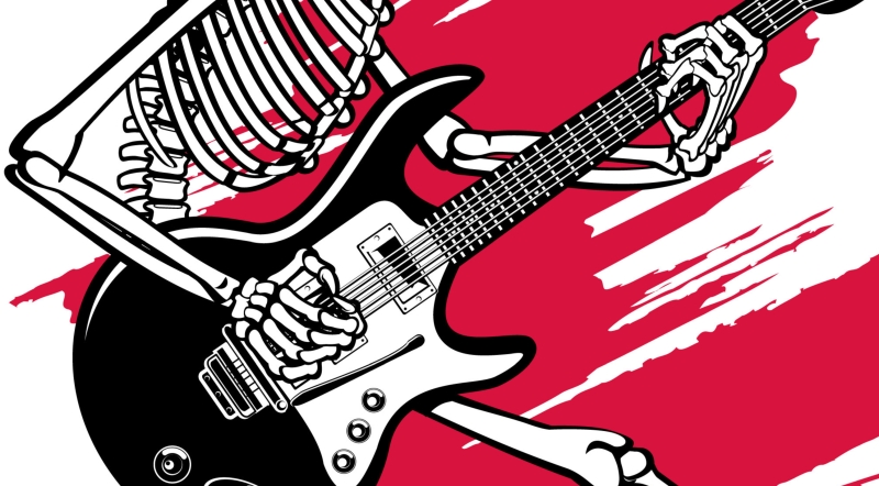 ein e-gitarre spielendes skelett vor rotem hintergrund